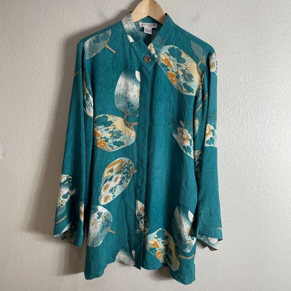Citron Santa Monica Womens Large Teal 100% Silk Asian Fan Print Button Up Blouse - Picture 7 of 13